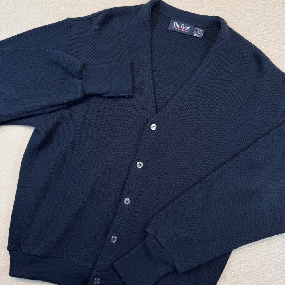 Par Four Large Cardigan Sweater Mens Navy Blue Vintage Acrylic V-Neck USA Made